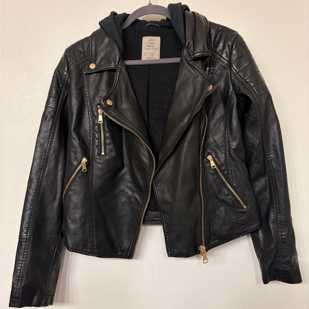 Free People We The Free Women’s Harriett Vegan Leather Black Moto Hood Jacket -S